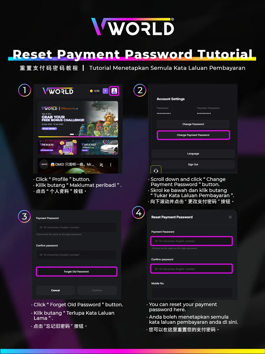 VWorld2 Reset Payment Password tutorial
